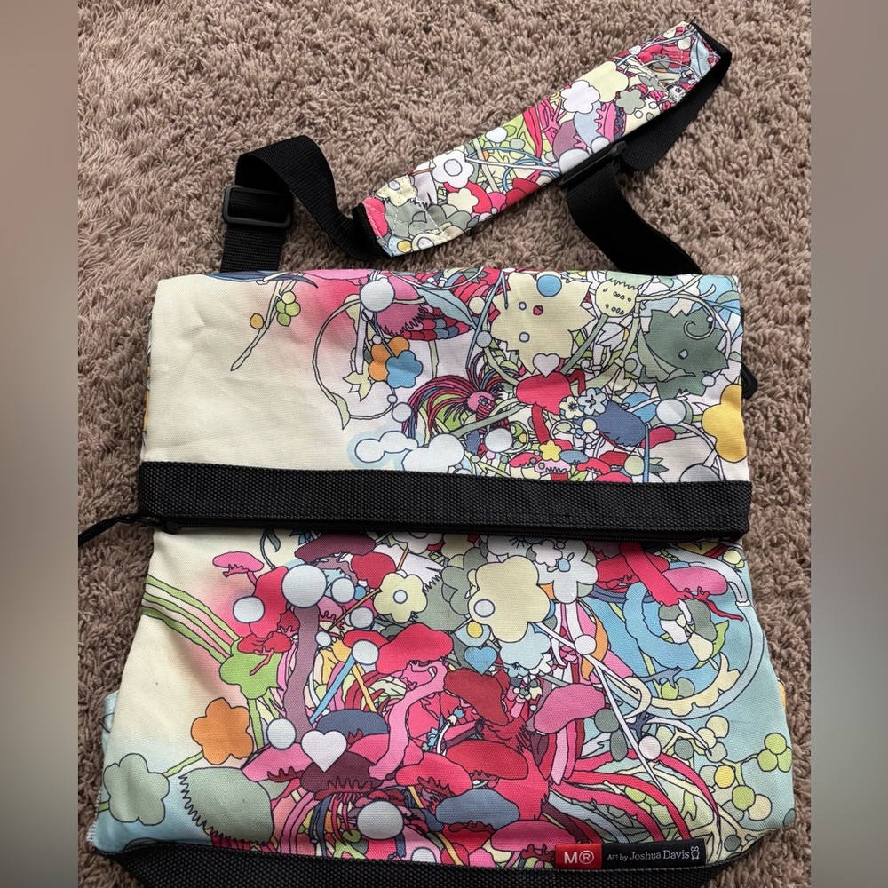 Joshua Davis Multi Rainbow Floral Flowers Color Cover Backpack Bag EUC